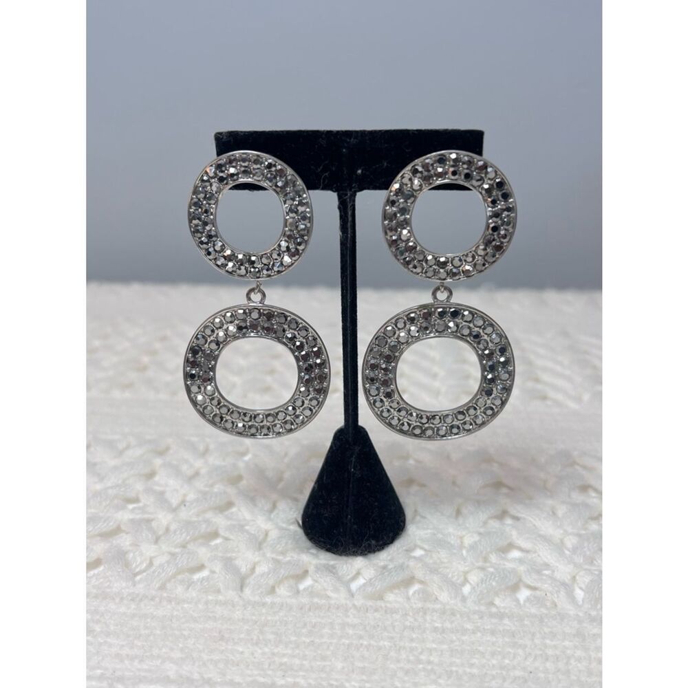 Y2K Rhinestone Double Circle Oversized Statement Drop Hoop Glam Sparkle Eariings